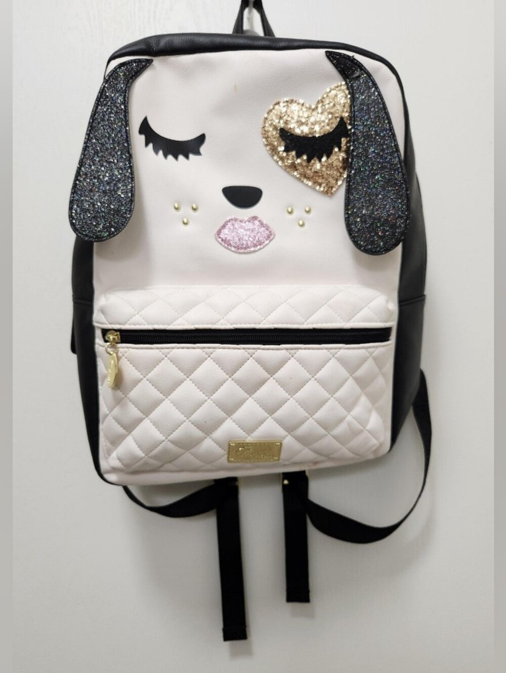 Betsey Johnson Chic Pink Puppy Face Quilted Backpack with Glitter Details